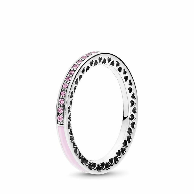 Pandora Radiant Hearts Stackable Ring Ireland - Sterling Silver/Enamel/Pink/Cubic Zirconia - 263748M